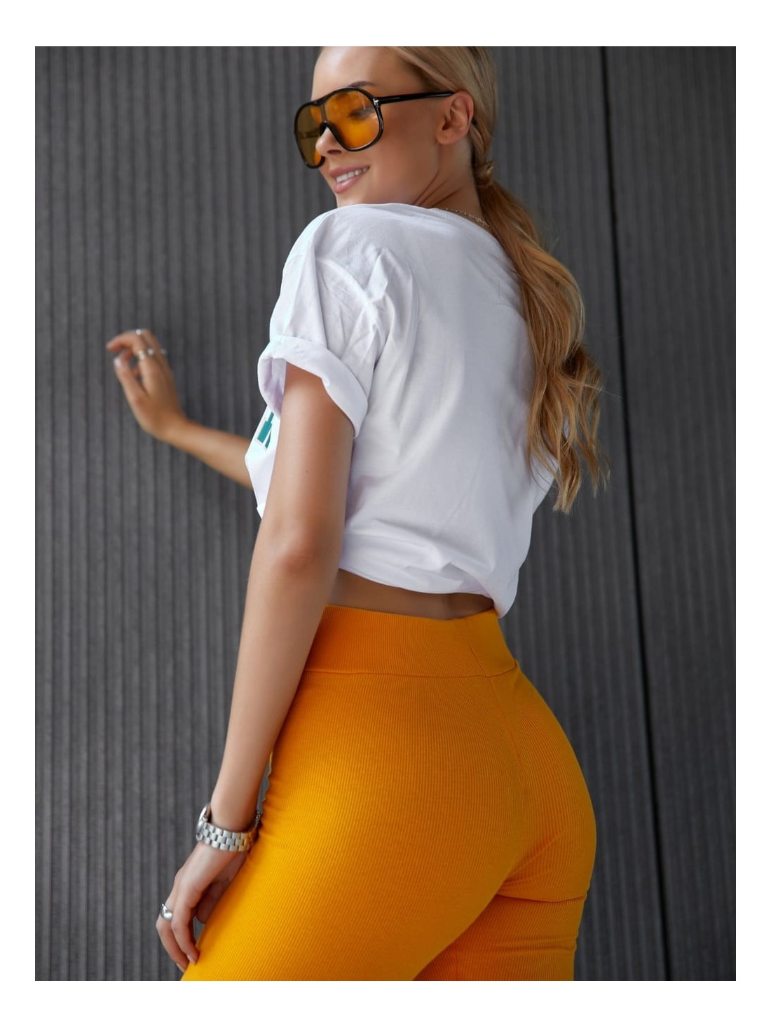 Ribbed women\'s leggings made of mustard cotton TS10 - Online store - Boutique